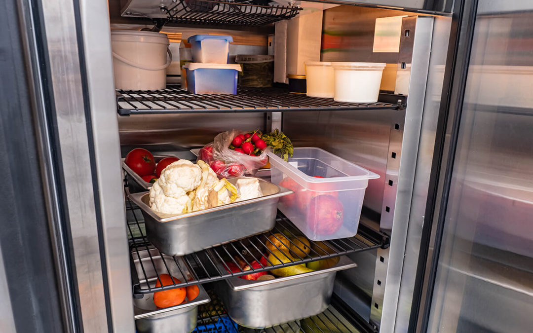 Refrigerator of restaurant with food