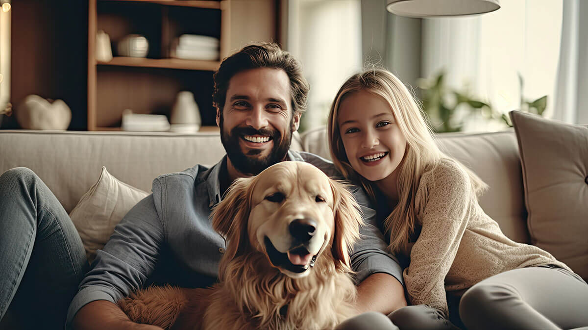 Cheerful family on sofa and puppy