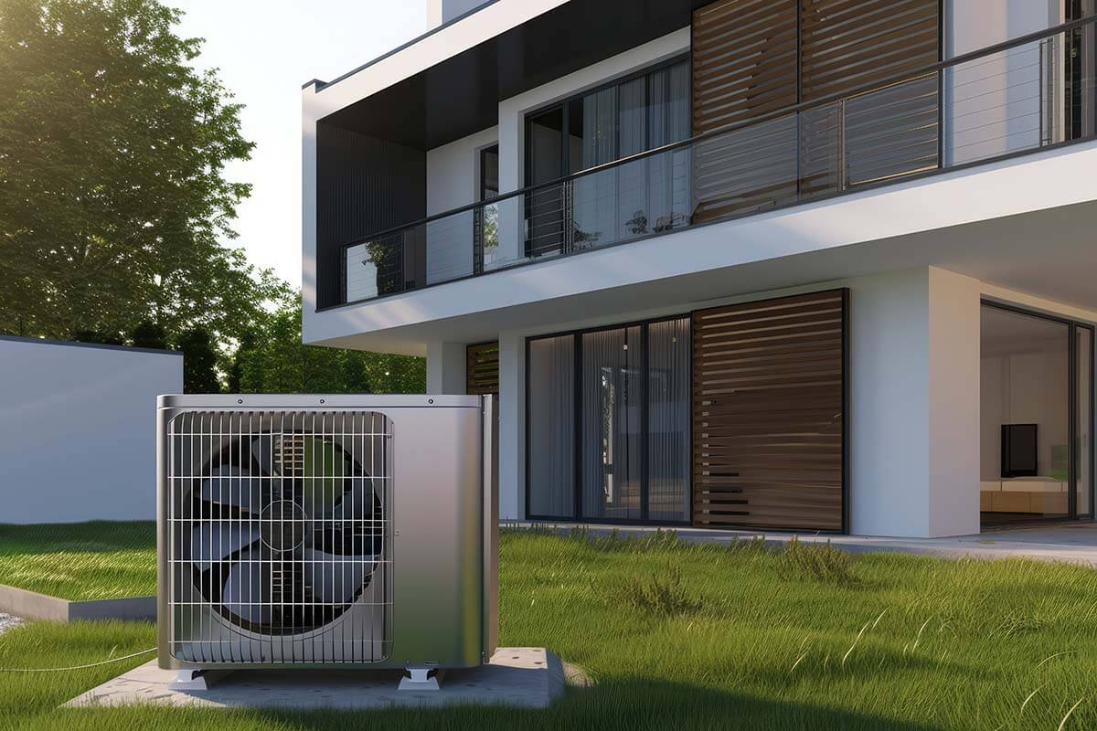 Air heat pump near modern house