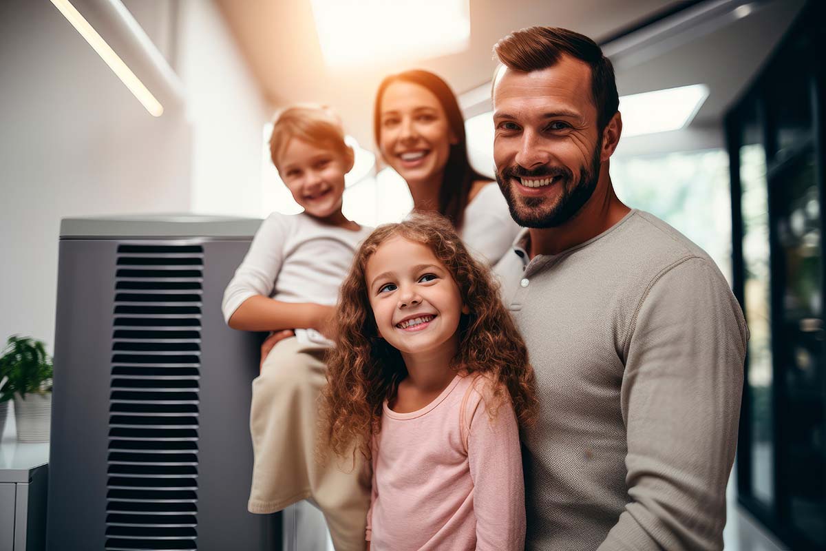 a family in front of HVAC system
